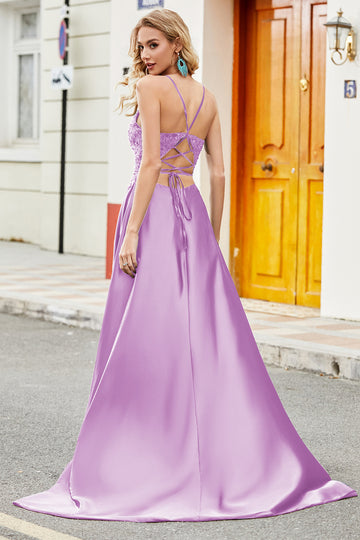 Trendy A Line Spaghetti Straps Lilac Long Prom Dress with Appliques